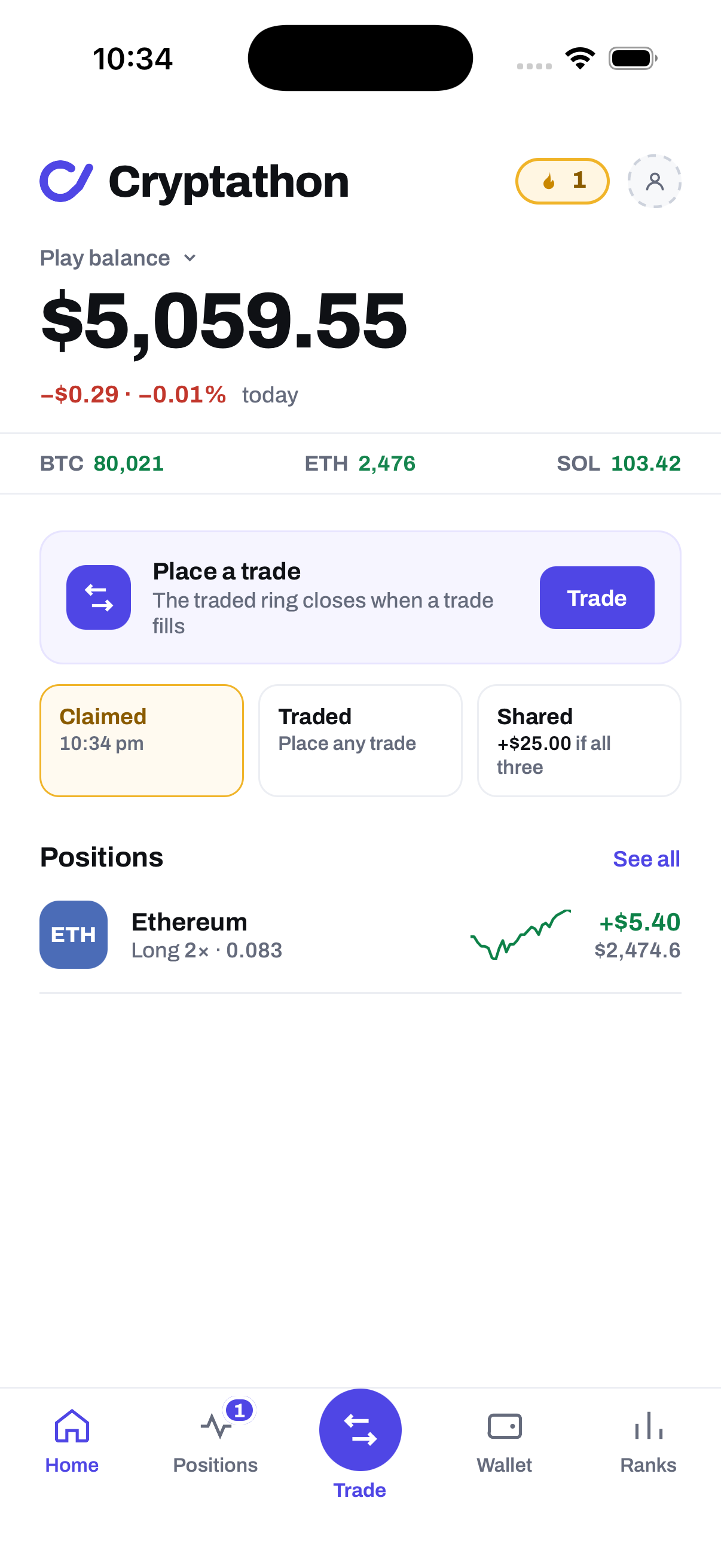 Cryptathon home screen showing a virtual play balance, daily activities, and open positions