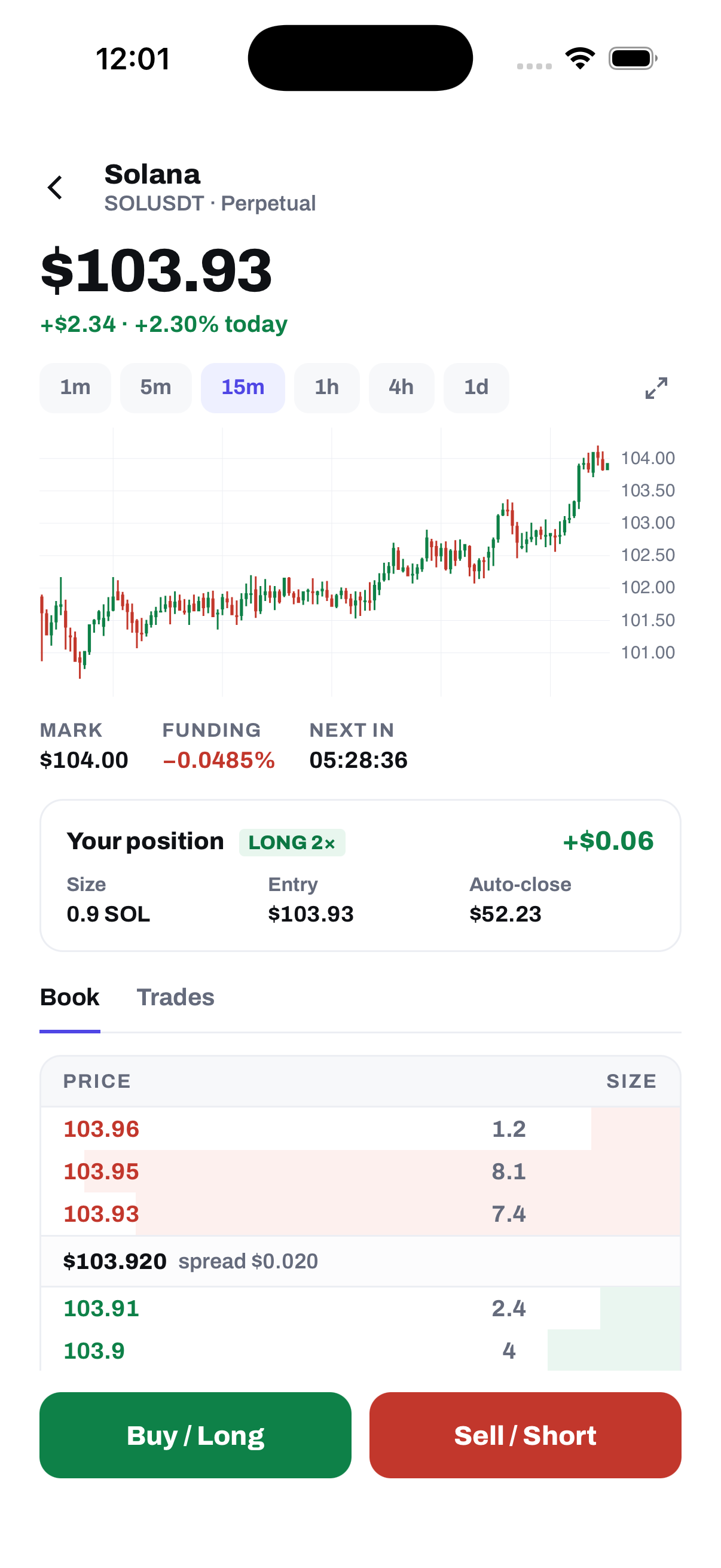 Cryptathon trading screen showing a Solana candlestick chart, an order book, and buy and sell controls