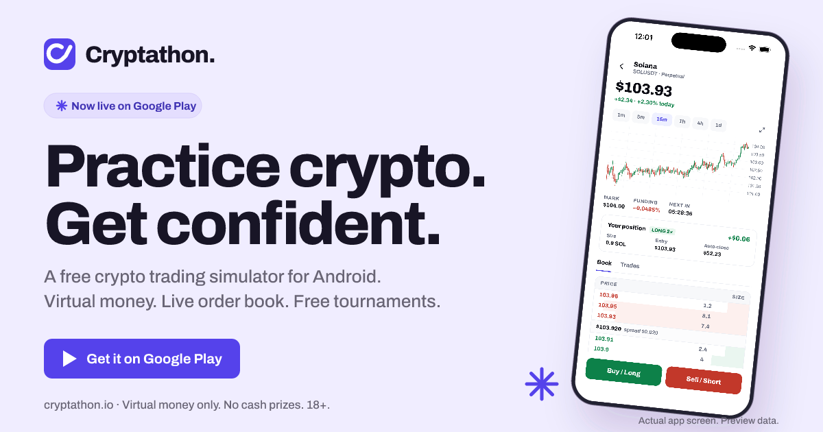 Cryptathon app on a phone showing a Solana perpetual futures chart and order book, next to the words Practice crypto. Get confident.